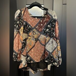 American Eagle Women's Square Neck Tunic Boho Patchwork Blouse Size L